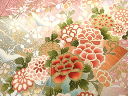 平和屋着物●豪華振袖　飛鶴扇面枝花文　暈し染め　金彩　正絹　逸品　AABG9881cs