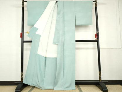 平和屋着物●上質な色無地　枝木地紋　錆青磁色　正絹　逸品　AABG9884cs