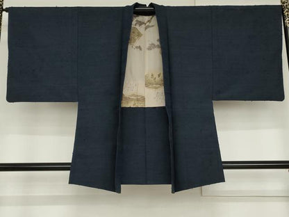 平和屋着物●男性　紬　アンサンブル　色無地　留紺色　正絹　逸品　AABG9885cs