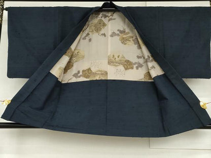 平和屋着物●男性　紬　アンサンブル　色無地　留紺色　正絹　逸品　AABG9885cs