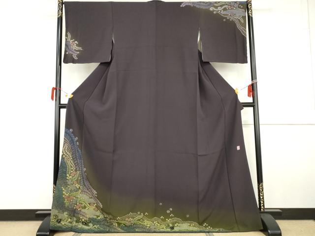 平和屋着物●十日町　名門　滝泰謹製　訪問着　辻が花　絞り　暈し染め　金通し地　ロング丈　正絹　逸品　AABG9887cs