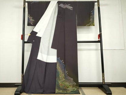 平和屋着物●十日町　名門　滝泰謹製　訪問着　辻が花　絞り　暈し染め　金通し地　ロング丈　正絹　逸品　AABG9887cs