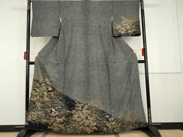 平和屋着物●訪問着　刺繍　枝葉舞蝶文　たたき染め　黒地　金糸　金彩　正絹　逸品　AABG9890cs