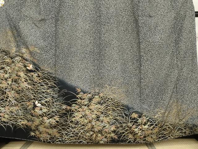 平和屋着物●訪問着　刺繍　枝葉舞蝶文　たたき染め　黒地　金糸　金彩　正絹　逸品　AABG9890cs