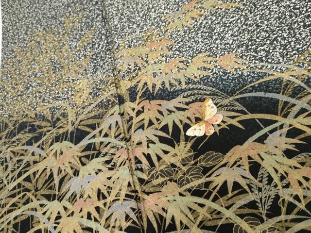 平和屋着物●訪問着　刺繍　枝葉舞蝶文　たたき染め　黒地　金糸　金彩　正絹　逸品　AABG9890cs