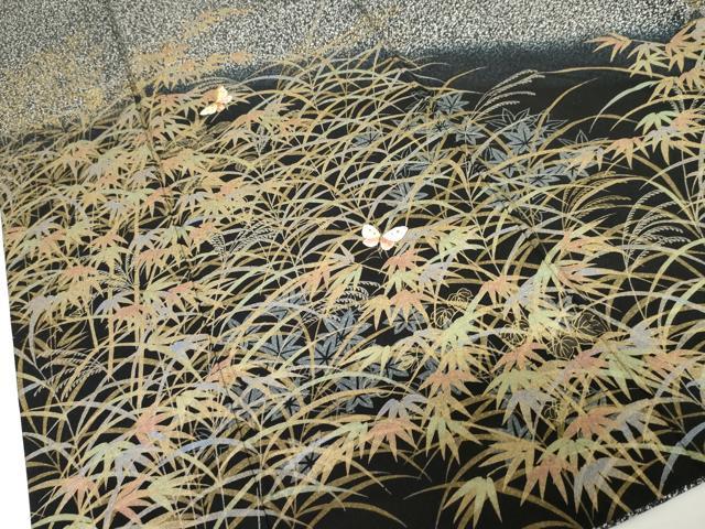 平和屋着物●訪問着　刺繍　枝葉舞蝶文　たたき染め　黒地　金糸　金彩　正絹　逸品　AABG9890cs