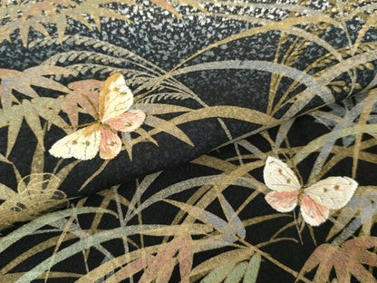 平和屋着物●訪問着　刺繍　枝葉舞蝶文　たたき染め　黒地　金糸　金彩　正絹　逸品　AABG9890cs