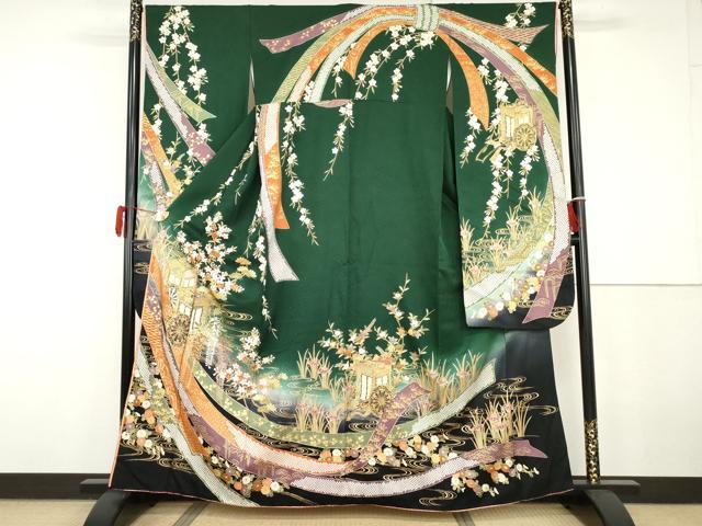 平和屋着物●ブライダルファッションデザイナー・桂由美　振袖　束ね熨斗御所車花文　暈し染め　金彩　正絹　逸品　AABG9891cs