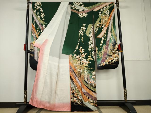 平和屋着物●ブライダルファッションデザイナー・桂由美　振袖　束ね熨斗御所車花文　暈し染め　金彩　正絹　逸品　AABG9891cs