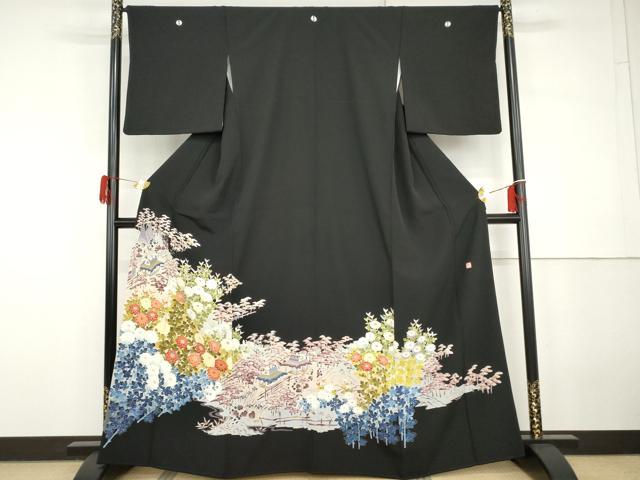 平和屋着物●豪華黒留袖　友禅　作家物　風景花松文　正絹　逸品　AABG9912cs