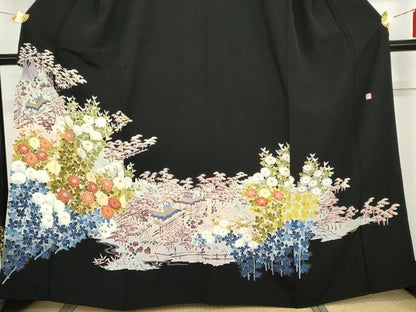 平和屋着物●豪華黒留袖　友禅　作家物　風景花松文　正絹　逸品　AABG9912cs