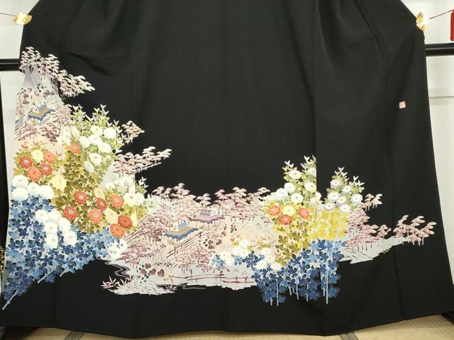 平和屋着物●豪華黒留袖　友禅　作家物　風景花松文　正絹　逸品　AABG9912cs