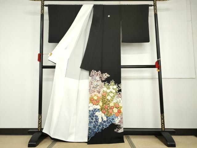平和屋着物●豪華黒留袖　友禅　作家物　風景花松文　正絹　逸品　AABG9912cs