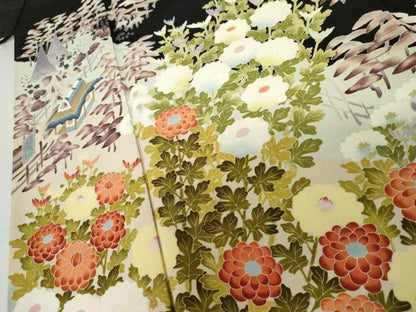 平和屋着物●豪華黒留袖　友禅　作家物　風景花松文　正絹　逸品　AABG9912cs