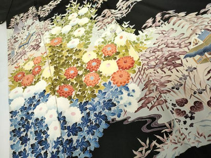 平和屋着物●豪華黒留袖　友禅　作家物　風景花松文　正絹　逸品　AABG9912cs