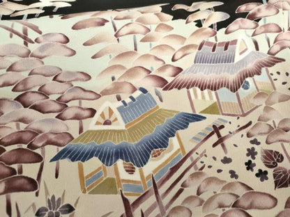平和屋着物●豪華黒留袖　友禅　作家物　風景花松文　正絹　逸品　AABG9912cs