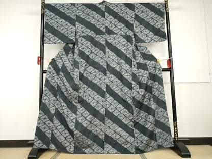 平和屋着物●上質な紬　絞り　菱斜縞　正絹　逸品　AABG9913cs