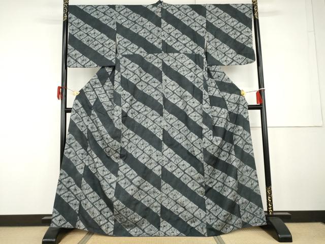 平和屋着物●上質な紬　絞り　菱斜縞　正絹　逸品　AABG9913cs