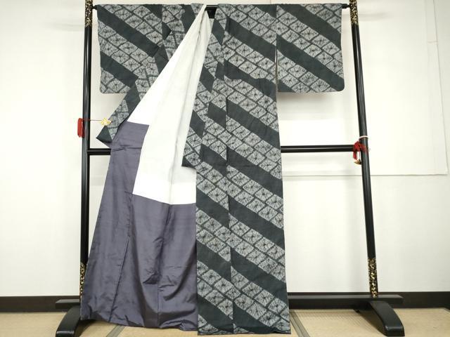 平和屋着物●上質な紬　絞り　菱斜縞　正絹　逸品　AABG9913cs