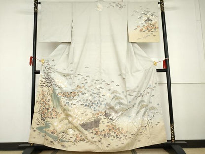平和屋着物●訪問着　友禅　作家物　紬地　松竹梅風景文　正絹　逸品　未使用　AABG9916cs