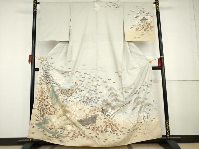 平和屋着物●訪問着　友禅　作家物　紬地　松竹梅風景文　正絹　逸品　未使用　AABG9916cs