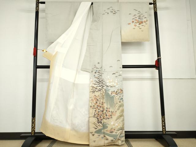 平和屋着物●訪問着　友禅　作家物　紬地　松竹梅風景文　正絹　逸品　未使用　AABG9916cs