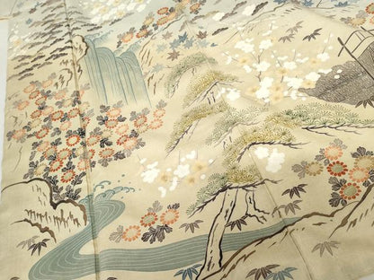 平和屋着物●訪問着　友禅　作家物　紬地　松竹梅風景文　正絹　逸品　未使用　AABG9916cs