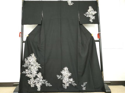 平和屋着物●訪問着　友禅　枝葉文　黒地　金彩　正絹　逸品　AABG9921cs