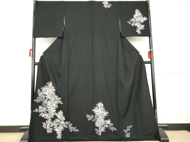 平和屋着物●訪問着　友禅　枝葉文　黒地　金彩　正絹　逸品　AABG9921cs