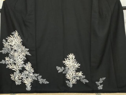 平和屋着物●訪問着　友禅　枝葉文　黒地　金彩　正絹　逸品　AABG9921cs
