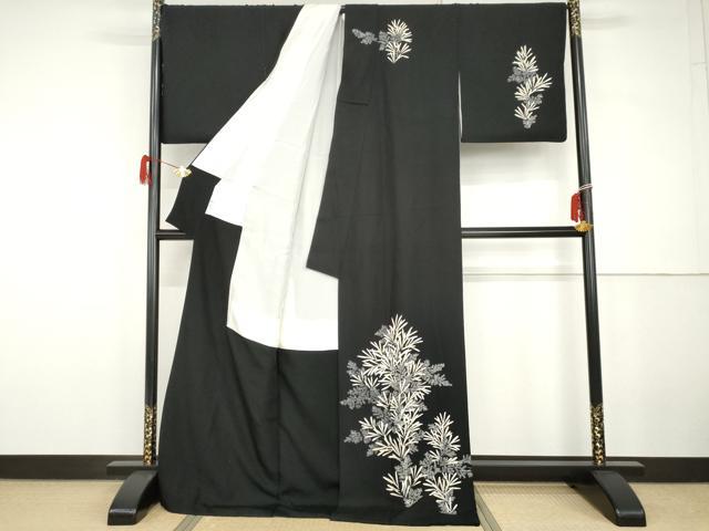 平和屋着物●訪問着　友禅　枝葉文　黒地　金彩　正絹　逸品　AABG9921cs