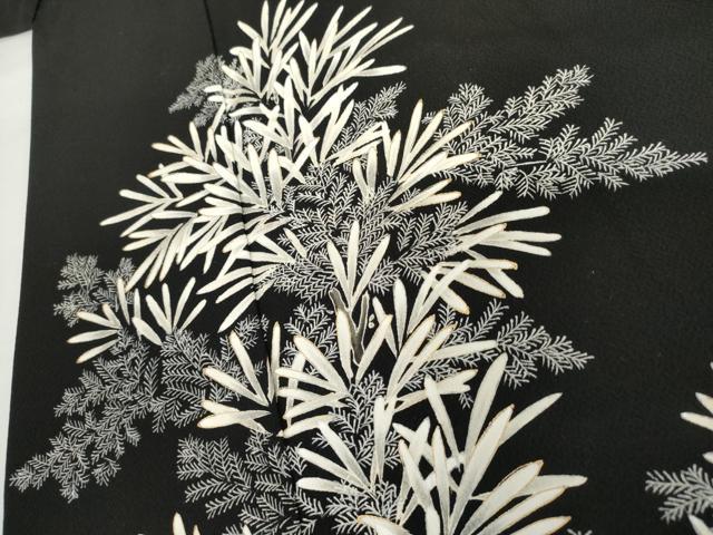 平和屋着物●訪問着　友禅　枝葉文　黒地　金彩　正絹　逸品　AABG9921cs