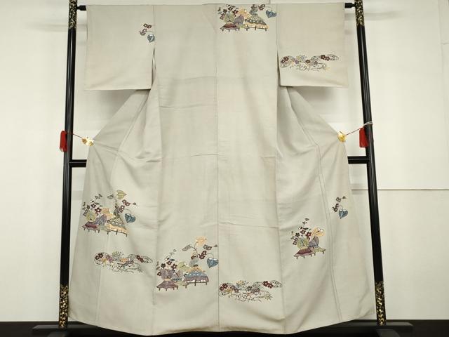 平和屋着物●紅型　訪問着　紬地　風景花文　正絹　逸品　AABG9922cs