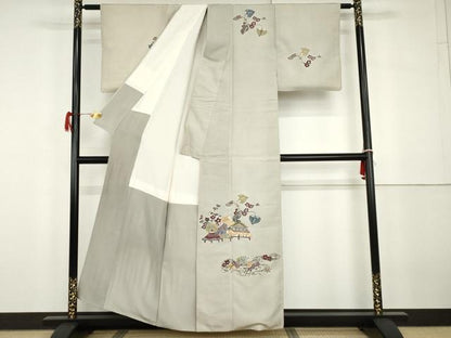 平和屋着物●紅型　訪問着　紬地　風景花文　正絹　逸品　AABG9922cs