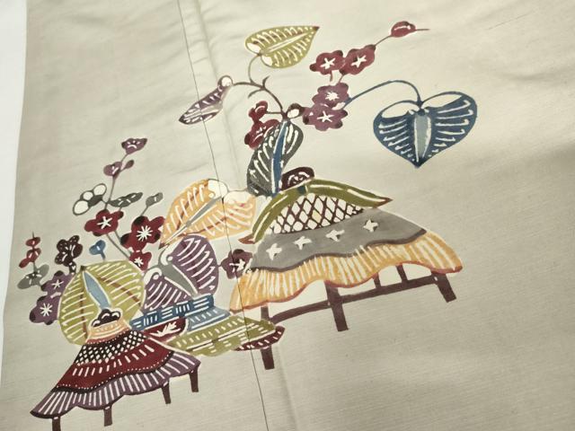 平和屋着物●紅型　訪問着　紬地　風景花文　正絹　逸品　AABG9922cs