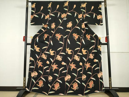 平和屋着物●訪問着　枝花文　黒地　金彩　正絹　逸品　AABG9924cs