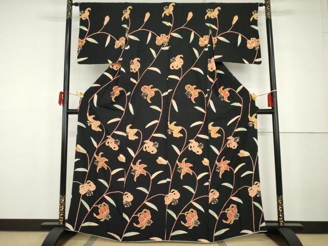 平和屋着物●訪問着　枝花文　黒地　金彩　正絹　逸品　AABG9924cs