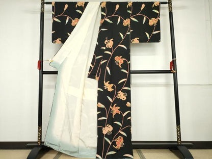 平和屋着物●訪問着　枝花文　黒地　金彩　正絹　逸品　AABG9924cs