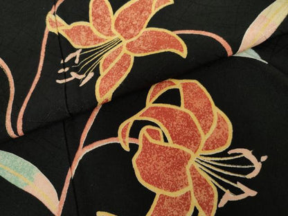 平和屋着物●訪問着　枝花文　黒地　金彩　正絹　逸品　AABG9924cs