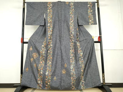 平和屋着物●総刺繍　訪問着　紬地　更紗花唐草間道　金糸　正絹　逸品　AABG9932cs
