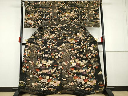 平和屋着物●訪問着　御所解き文様　黒地　金彩　正絹　逸品　AABG9933cs