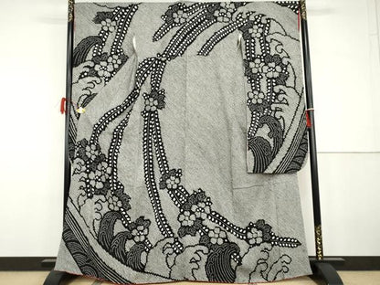 平和屋着物●豪華振袖　総絞り　立波草花文　黒地　正絹　逸品　AABG9935cs