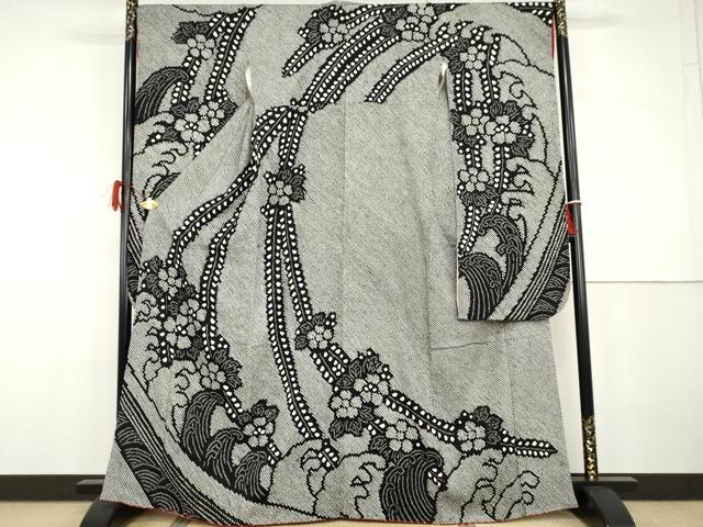 平和屋着物●豪華振袖　総絞り　立波草花文　黒地　正絹　逸品　AABG9935cs