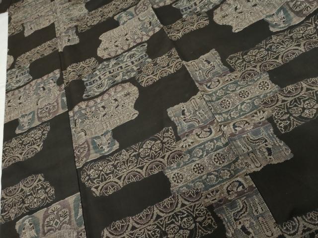 平和屋着物●本場大島紬 古代染色純泥染 カタス9マルキ 古代エジプト壁画文様 黒地 証紙付 仙太郎織物謹製 ロング丈 正絹 逸品 AABG9940cs