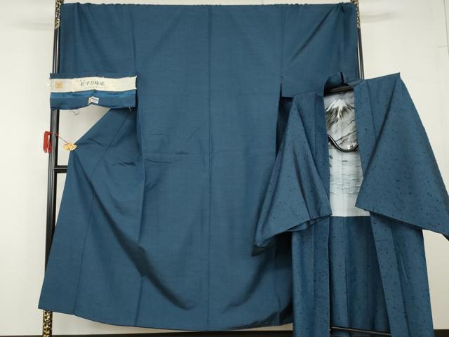 平和屋着物●男性　結び結城　アンサンブル　色無地　瑠璃紺色　証紙付き　キングサイズ　正絹　逸品　AABG9947cs 平和屋着物○男性 結び結城 アンサンブル 色無地 瑠璃紺色 証紙付き