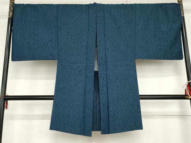 平和屋着物○男性 結び結城 アンサンブル 色無地 瑠璃紺色 証紙付き