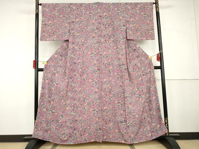 平和屋着物●上質な小紋　型染め　吉祥風景花文　正絹　逸品　未使用　AABG9963cs