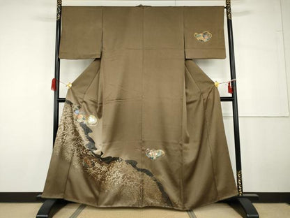 平和屋着物●訪問着　花文箱文　休み鳥　金銀彩　正絹　逸品　AABG9967cs