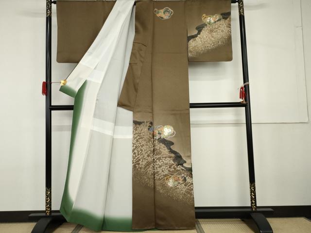 平和屋着物●訪問着　花文箱文　休み鳥　金銀彩　正絹　逸品　AABG9967cs 平和屋着物○訪問着 花文箱文 休み鳥 金銀彩 正絹 逸品