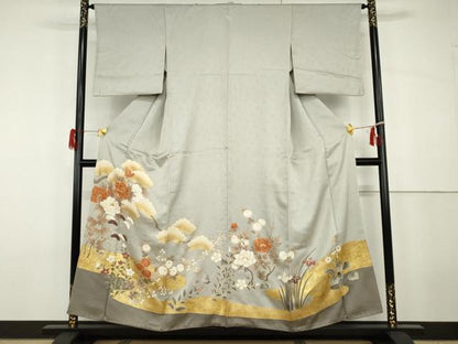 平和屋着物●豪華色留袖　駒刺繍　花松文　金彩　正絹　逸品　AABG9969cs